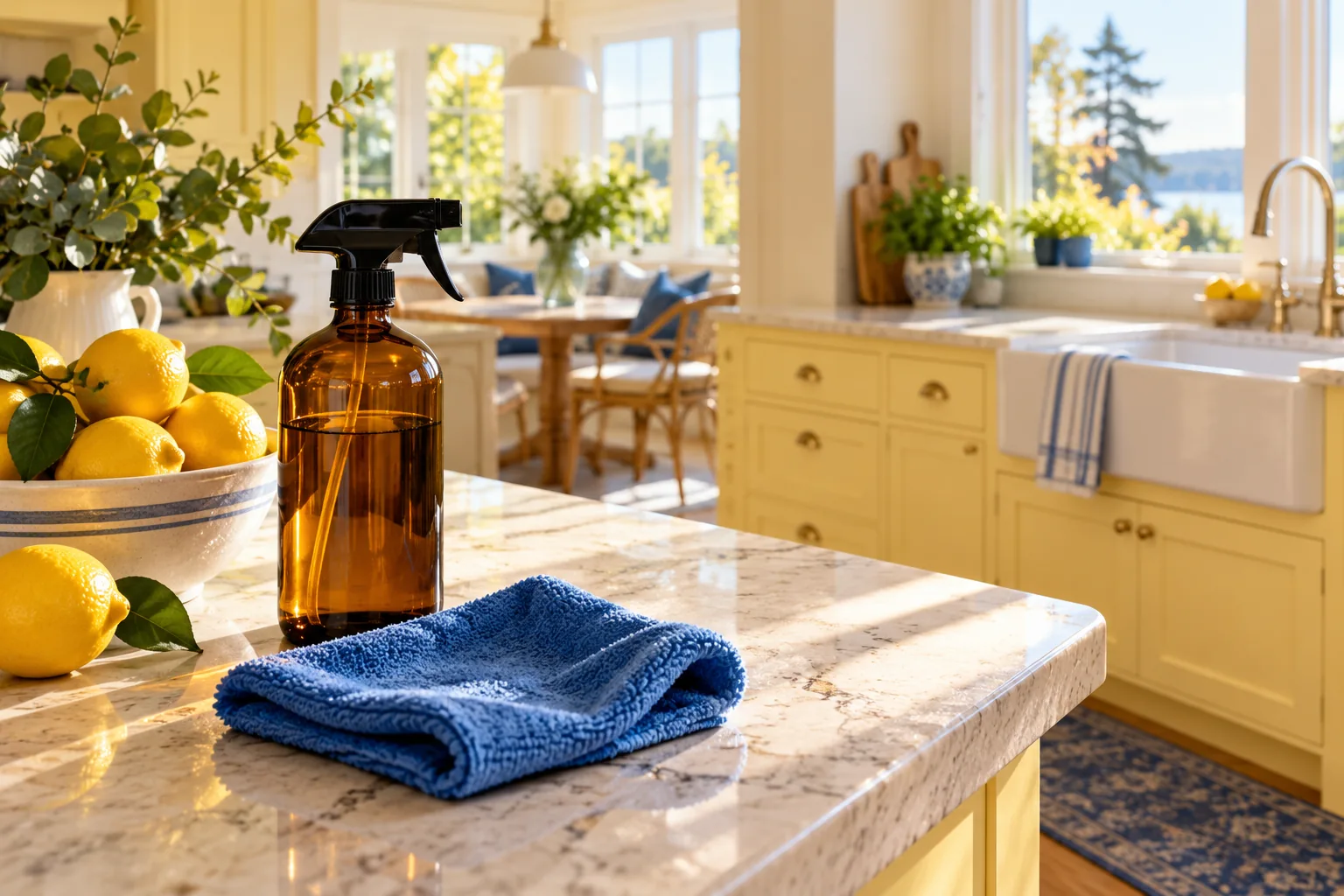 Illustrative sunlit yellow kitchen with lemons and cleaning supplies